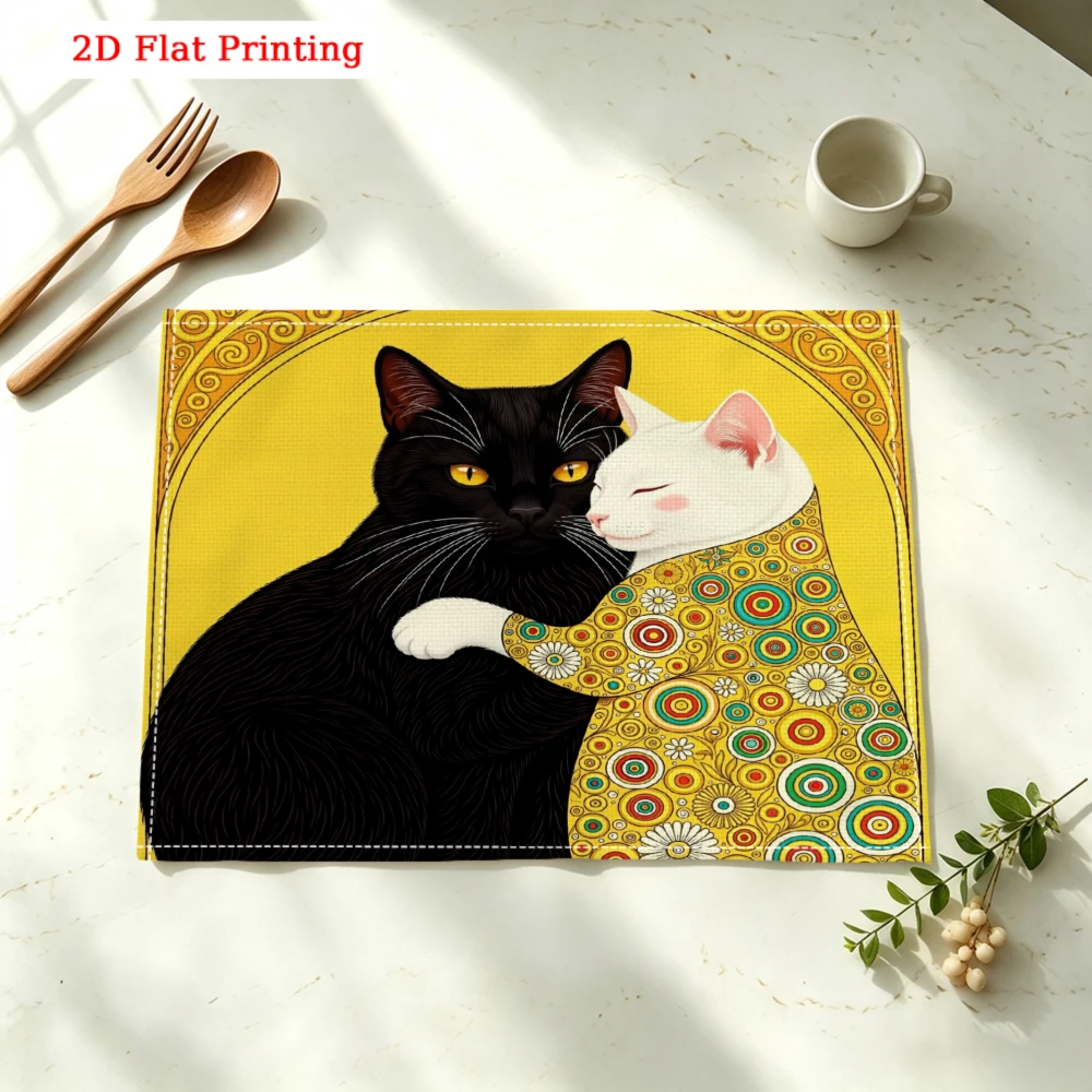 Two Cats Embracing Yellow Background Kitchen Placemat Coaster Linen Pad Dish Coffee Cup Table Mat 30x40cm Home Decor