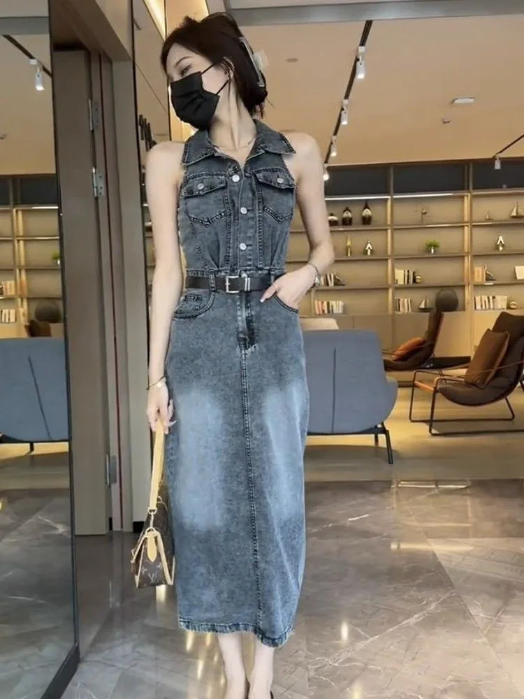 Summer Polo Collar Sleeveless Long Denim Dress For Women Long Dresses Fashion Summer Dresses 2024 Summer One-piece Dress