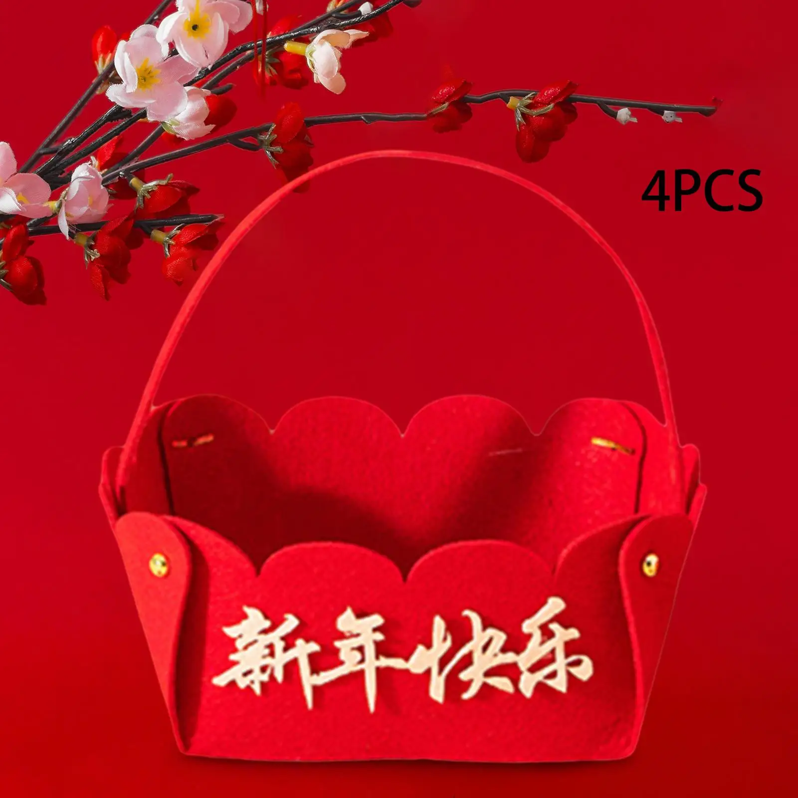 4 Pieces DIY Chinese Happy New Year Dried Fruit Basket Set Simple Red Baskets Material Package for Reception Desks Wedding Cafe