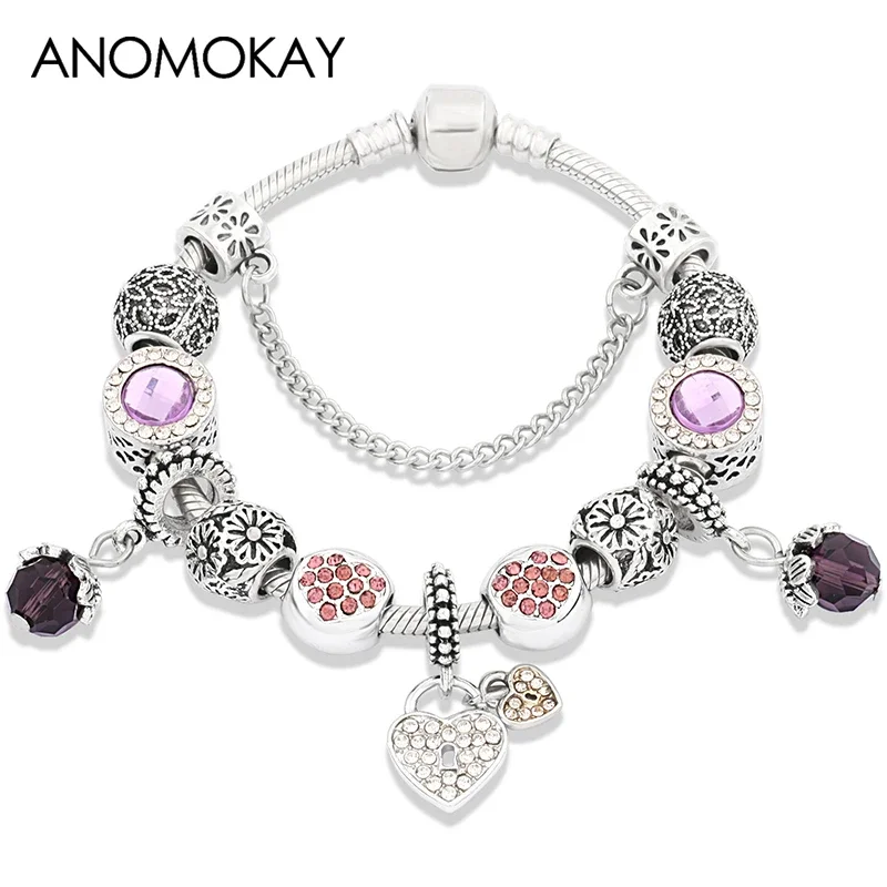 Classic Purple Flower Crystal Charm Bracelet for Women Girl Gift Silver Color Heart DIY Bead Jewelry