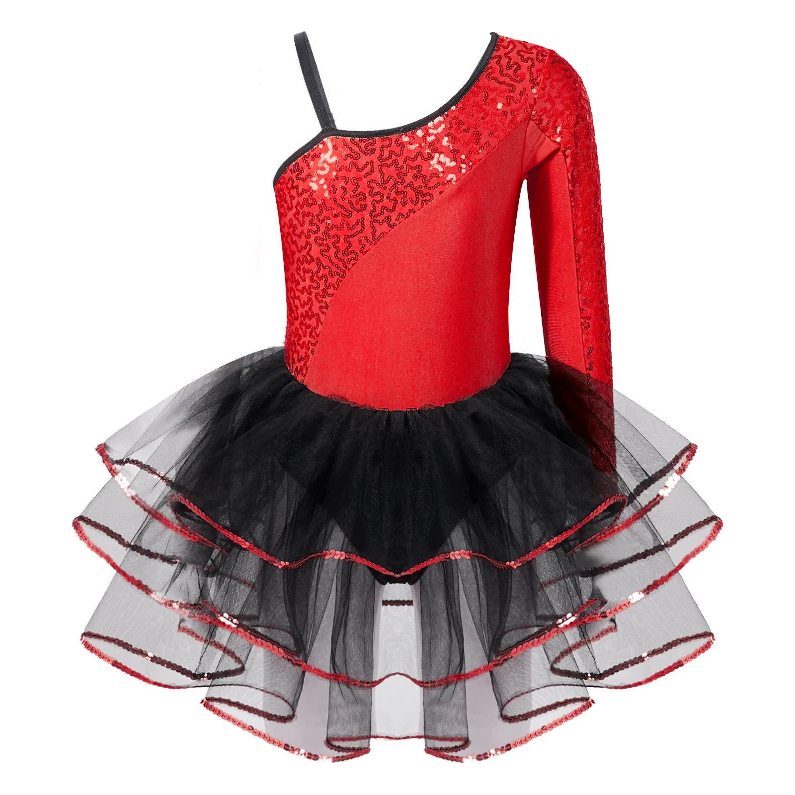 

Kids Girls Ballet Dance Tutu Dress Leotard One Shoulder Sequins Mesh Dancewear Modern Contemporary Ballroom Performance Costumes