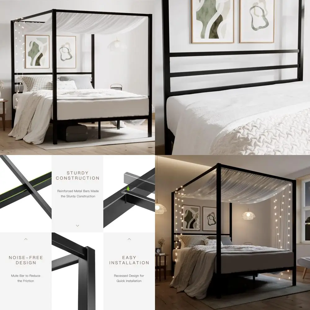 4-Poster Metal Queen Bed Frame with Canopy, Platform, Storage
