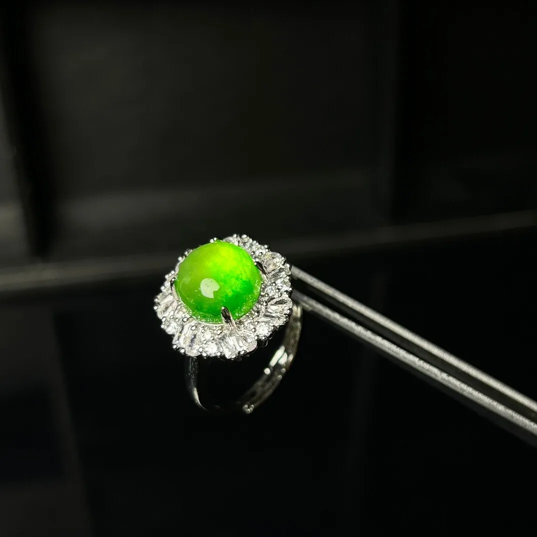Beautiful Certified Natural inlay Ice Green Burmese Jade Jadeite Amulet Rings
