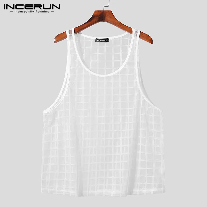 INCERUN Men Tank Tops Plaid Mesh Transparent O-neck Sleeveless Sexy Male Vests Streetwear 2023 Fashion Casual Men Clothing S-5XL