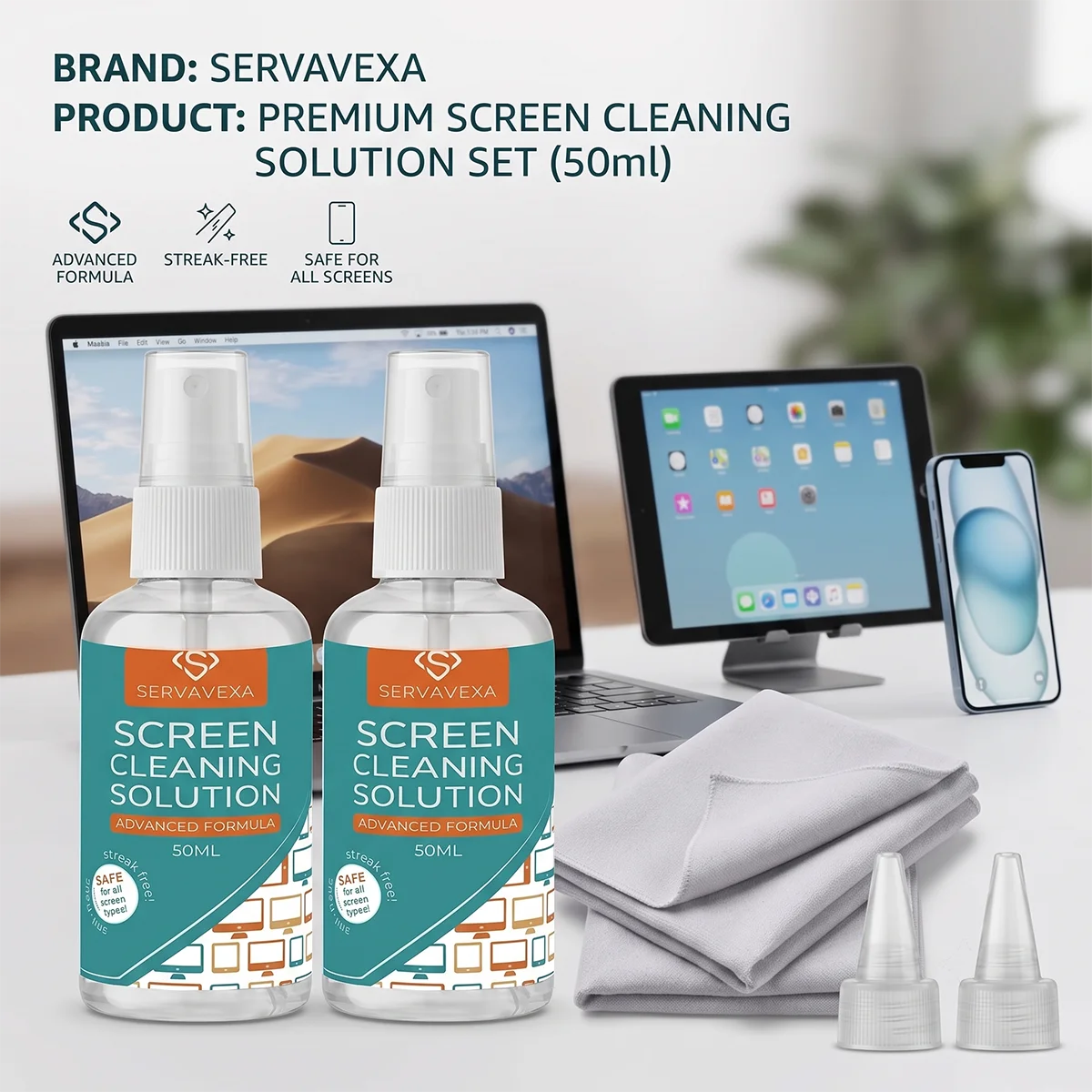 SERVAVEXA 50ml Electronic Screen Cleaner Kit, Gentle Spray & Cloth for On-the-Go Phone, Laptop and Glasses