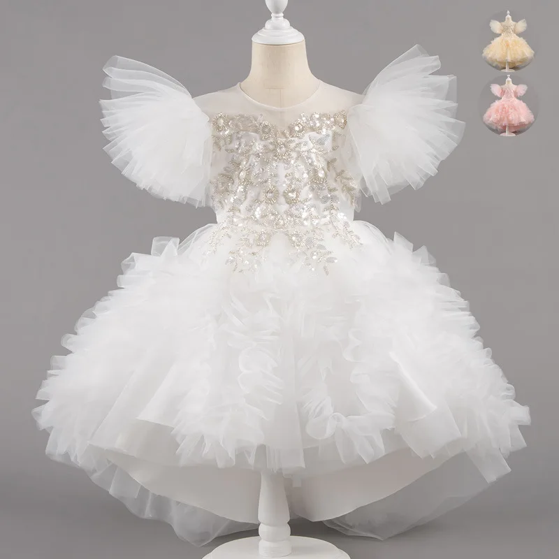 HETISO Girls Elegant Trailing White Dress Flower Appliques Kids Weddings Birthday Party Gown