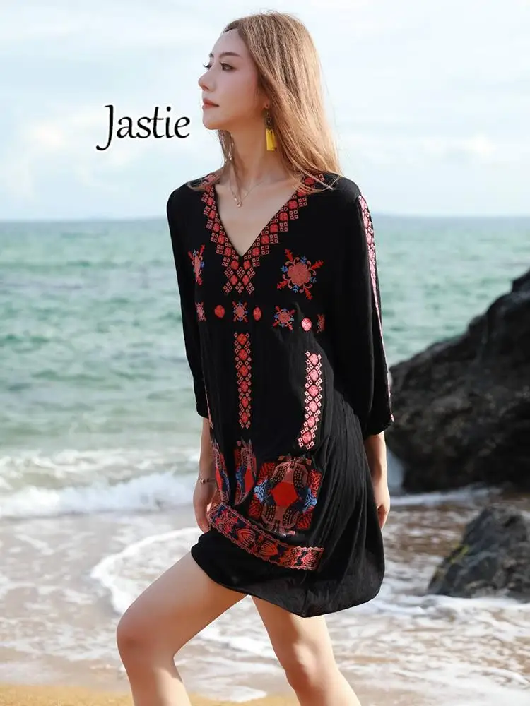 

Jastie V-neck Red Embroidered Retro Black Dresses Women 2024 Spring And Autumn New Ethnic Casual Beach Dress Female Vestidos