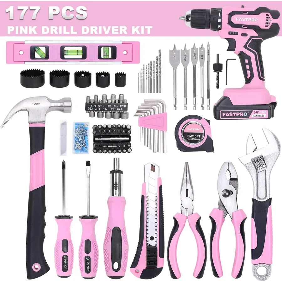 20V Cordless Lithium-ion Drill Driver and Tool Set in Pink Storage Case for Home Repairing with 177-Piece Accessories