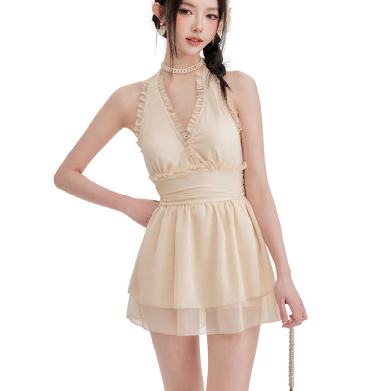 Lolita – maillot de bain une pièce pour filles, bretelles fines, couleur unie, volants, col licou, dos ouvert, robe conservatrice, pour femmes, plage