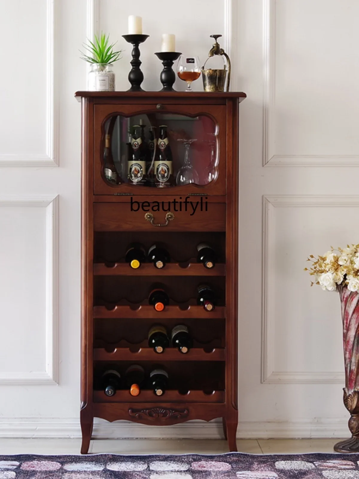 

American Style Dining Side Locker Solid Wood Single Door Small Wine Cabinet Corner Cabinet Modern Minimalist Side Cabinet Retro