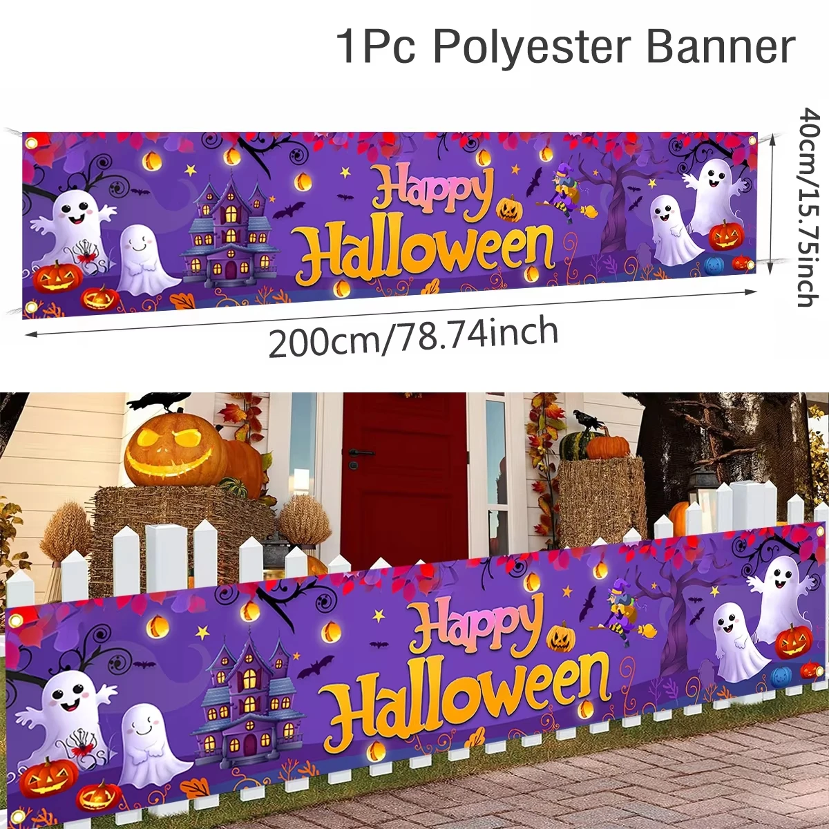 Happy Halloween Banner 200cm Long Hanging Halloween Banner with Pumpkin Ghost Terror Theme Party Decor for Yard Indoor Outdoor