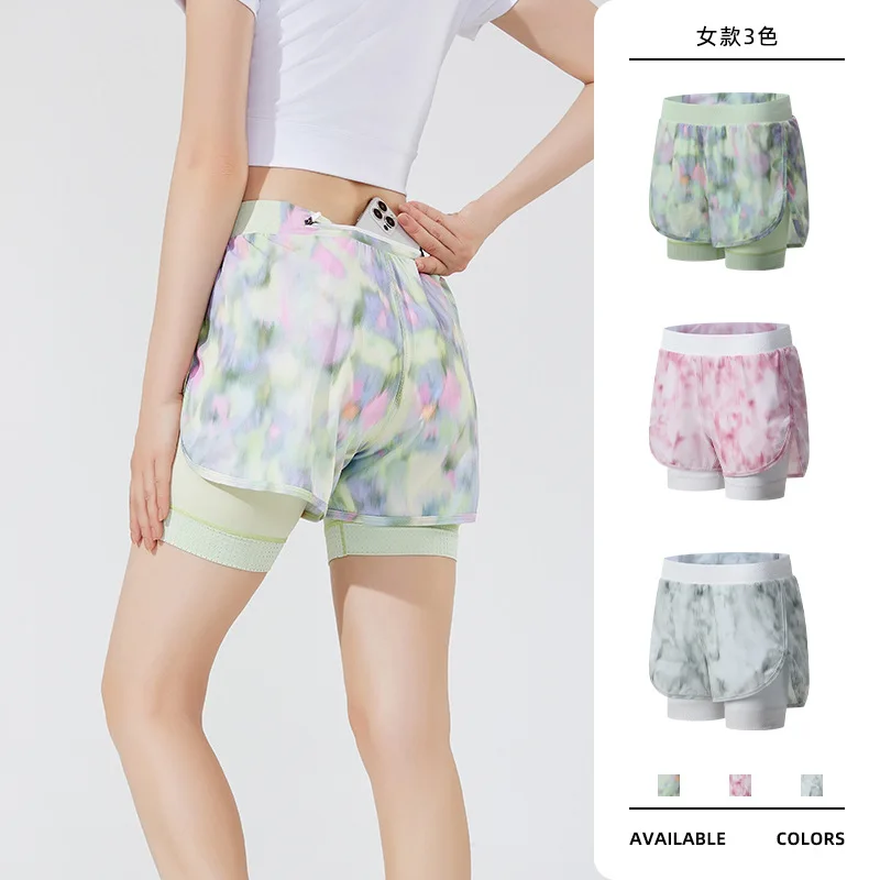 2 in 1 Women Summer Quick-Dry Sport Running Shorts Gym Breathable High waist Shorts with Zipper Back Pocket Elastic waist