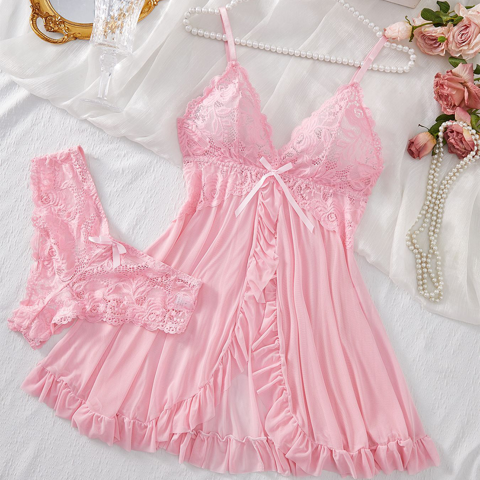  Sexy Lingerie Set Women Erotic Bra Nightdress Sexy Lace Sleepwear Solid Slim Soft Dresses V Neck Full Slip Sleepwear & Dresses 