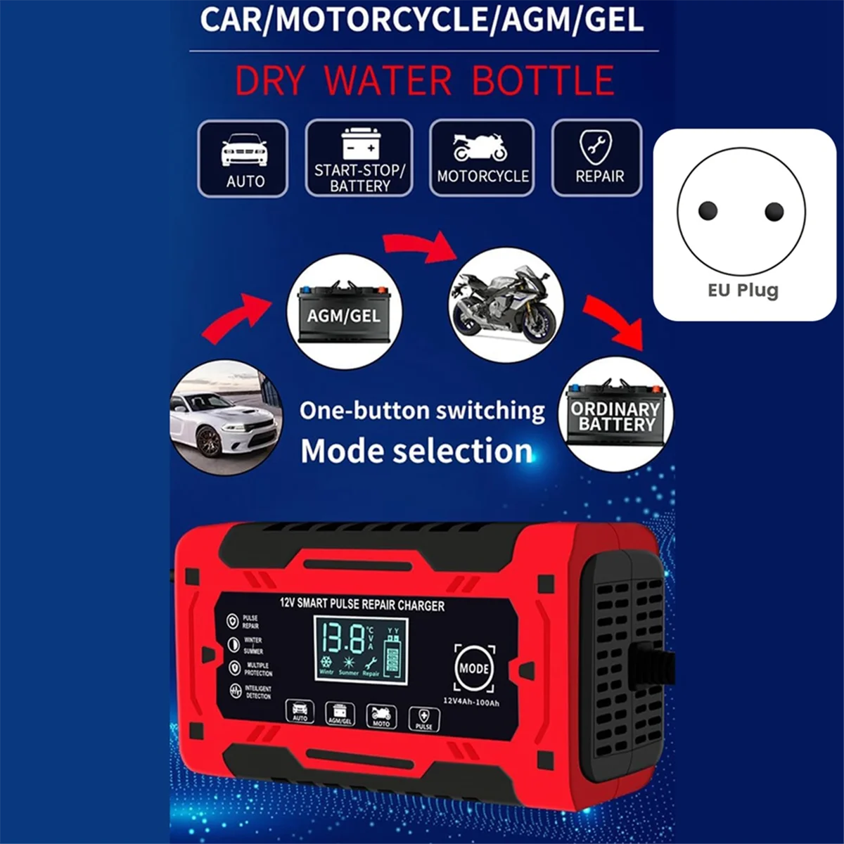 12V&24V 6A Smart Fully Automatic Battery Charger with Temperature Compensation for Car Truck Motorcycle Battery EU