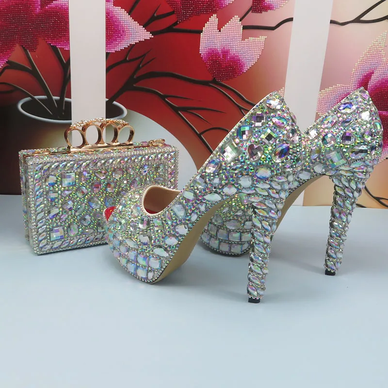 BaoYaFang AB Bling crystal Bridal Wedding shoes and purse for Women Shining Rhinestone High Pumps shoes female Open Toe