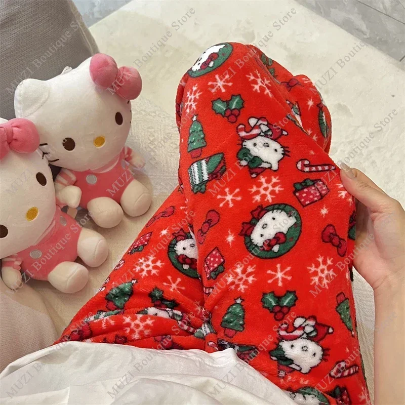 Sanrio Hello Kitty pantalones de pijama dibujos animados Kuromi mujeres felpa Coral terciopelo elástico suave pantalones cómodos niñas pantalones de casa regalos