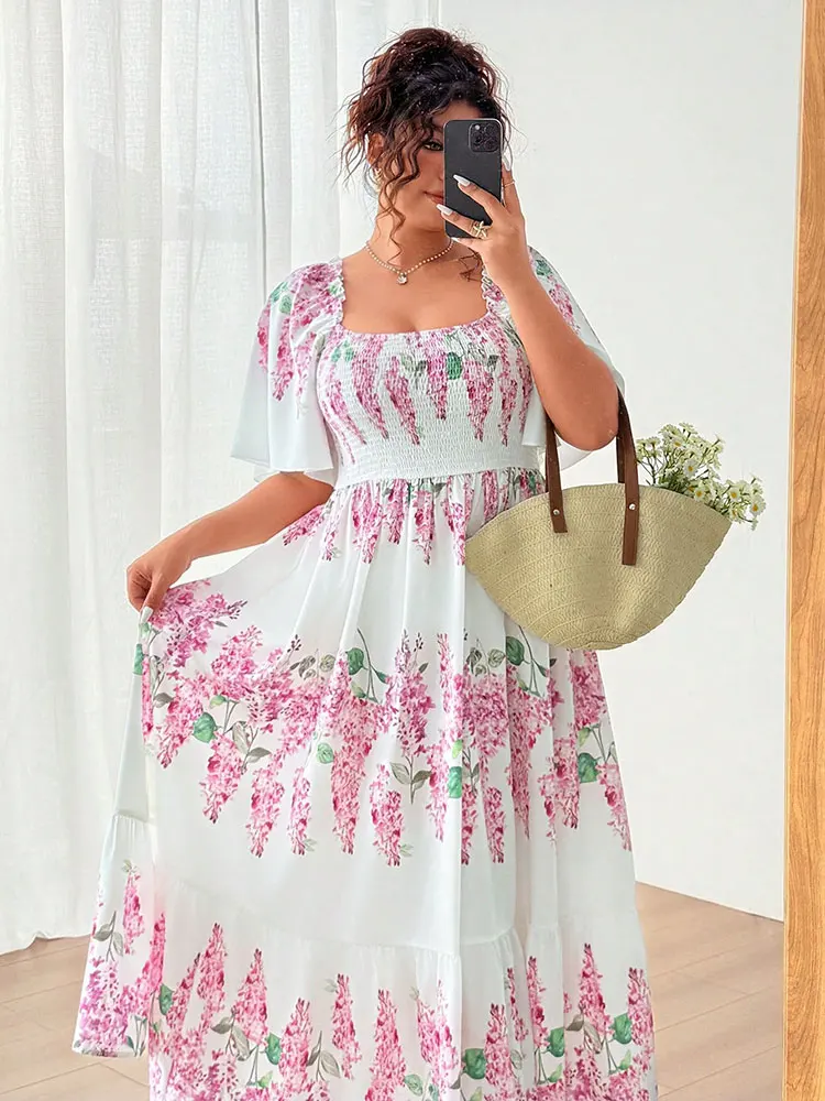 

Новое элегантное длинное платье с коротким рукавом и лепестком с цветочным принтом, большие размеры, для отпуска, вечеринки, с эластичным бюстом и квадратным вырезом, женское платье