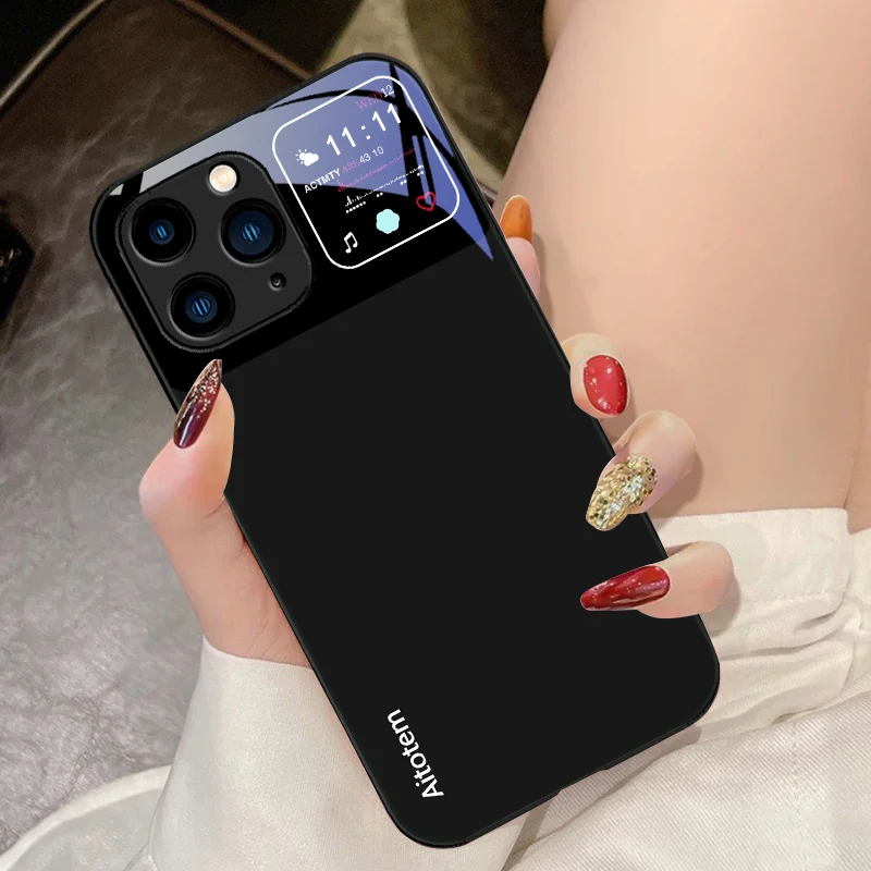 Funda de teléfono de vidrio templado negro para IPhone 15 Pro 14 13 12 Mini 11 XS Max XR 7 8 Plu SE 2020 2022 ventana grande líquida