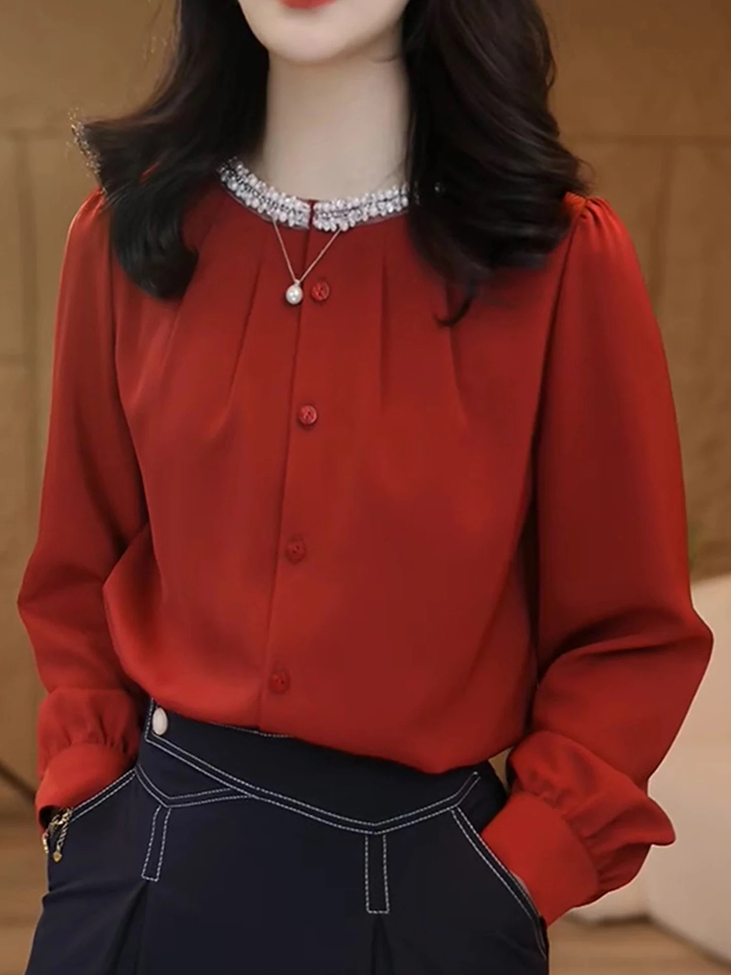 خريف Faion فريد من نوعه مستدير Ne Long Sve للنساء irt كاجوال Sle للتنحيف ودية للتنحيف مادة حريرية مريحة #1