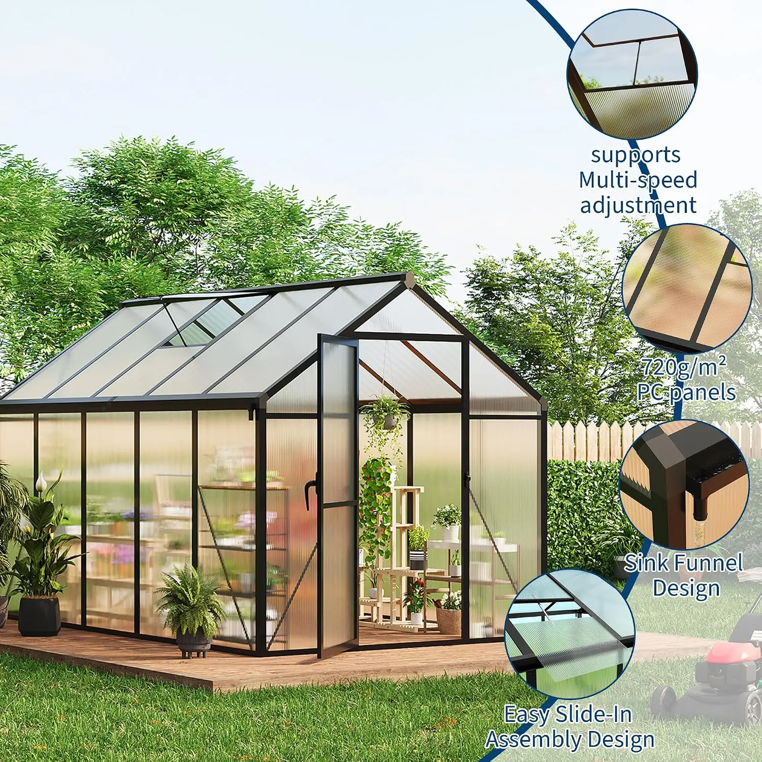 6 x 10 FT Greenhouse, Greenhouses for Outside, Polycarbonate Greenhouse with Aluminum Frame, Lockable Door and Ajustable Roof