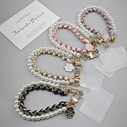 LLavero con dije de perla de Camelia para teléfono móvil, cadena para niña y mujer, funda para teléfono móvil, colgante de moda, correa para llave, cuerda con Clip Universal