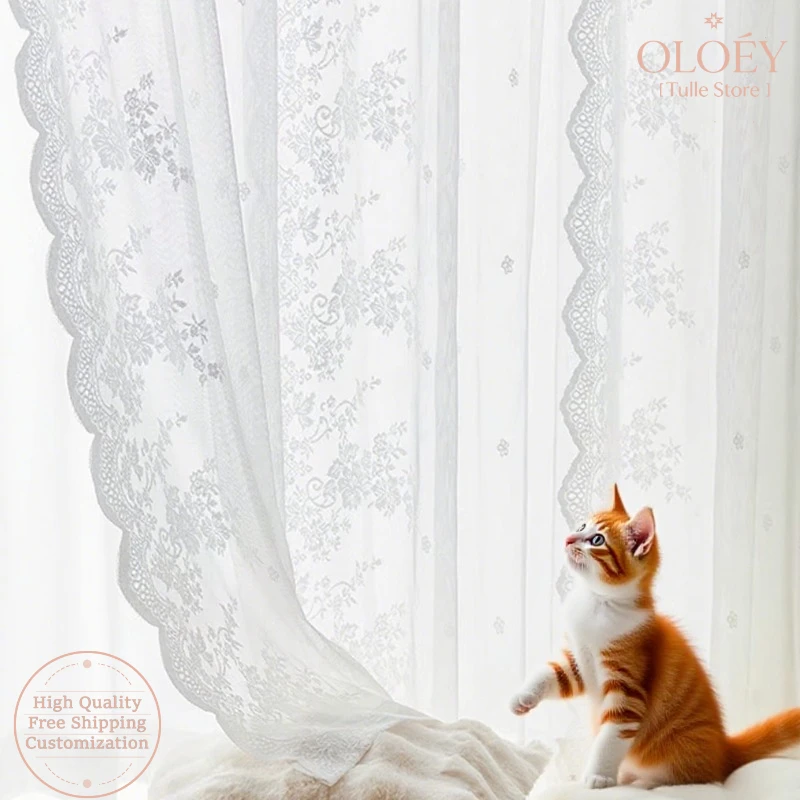 

French Lace Curtains for Bedroom Bay Window No Drill Installation White Sheer Hook Loop Room Partition Wardrobe Door Drape Decor