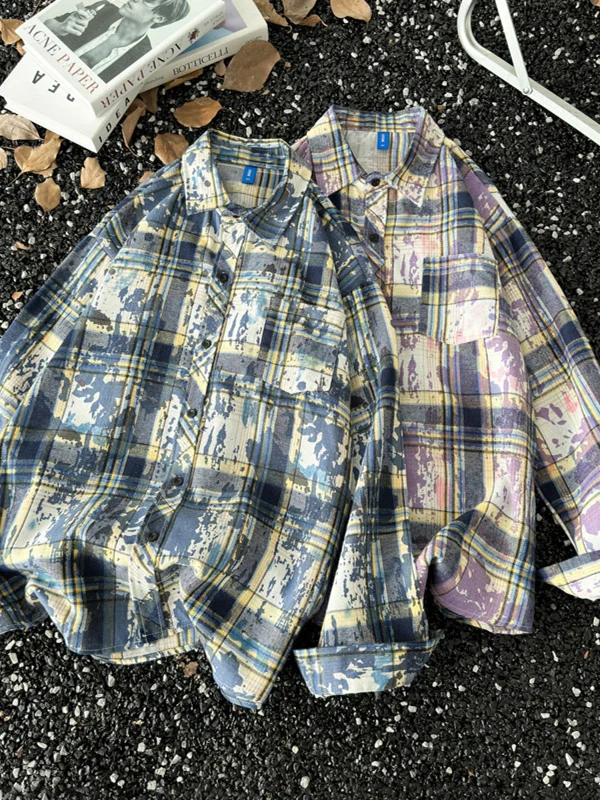 

Мужская рубашка Waed Tie Dye в клетку с длинным рукавом, весенне-осенняя, в американском уличном стиле, свободного кроя, повседневная, с отложным воротником