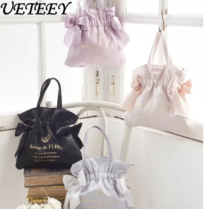 Japanese Satin Cute Sweet Double Bow Portable Shoulder Bag Women Niche Storage Shopping Messenger Bag with Long Shoulder Strap