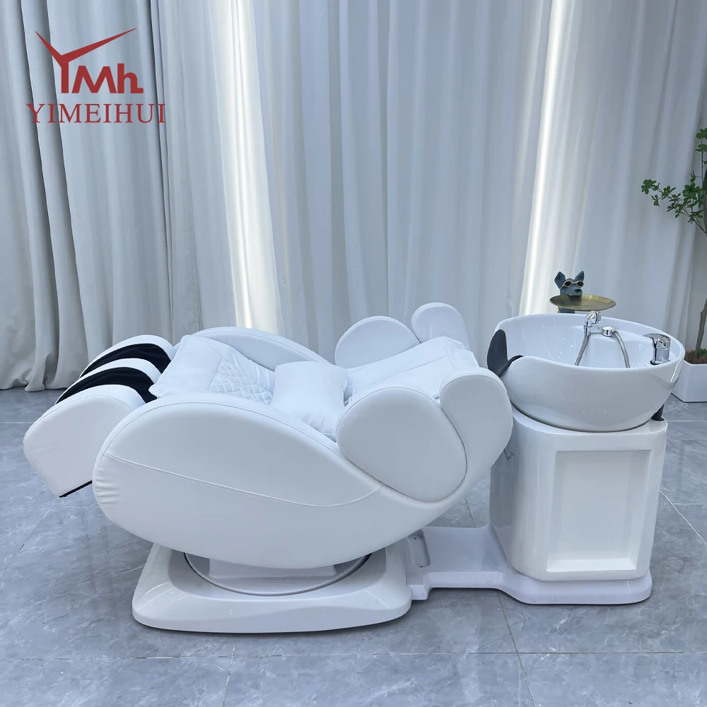 

Luxury white electric recliner rotatable massage salon spa chair with a basin for washing hair