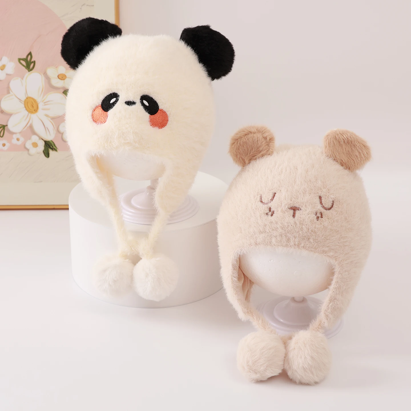 愛らしいベビー帽子冬ぬいぐるみパンダデザイン超かわいい暖かい耳保護ユニセックス子供用帽子ニット厚みのある防風