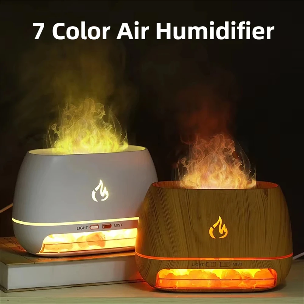 3D Flame Fire Aroma Air Humidifier Crystal Salt Stone Houesehold Office Colorful Night Light Aromatherapy Essential Oil Diffuser