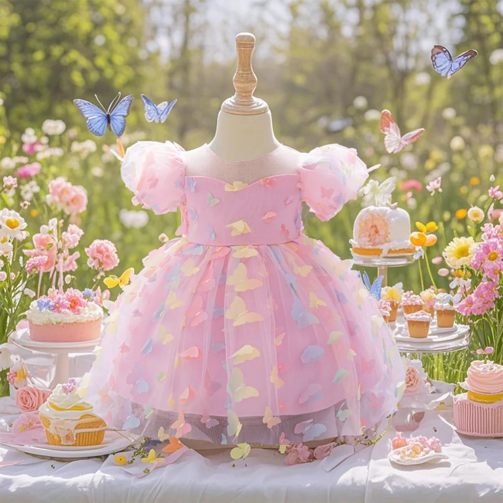 Pink Butterfly Print Princess Dress For Baby Girls Toddler 1st Birthday Party Dresses Infant Wedding Tutu Clothes Lace New Gown