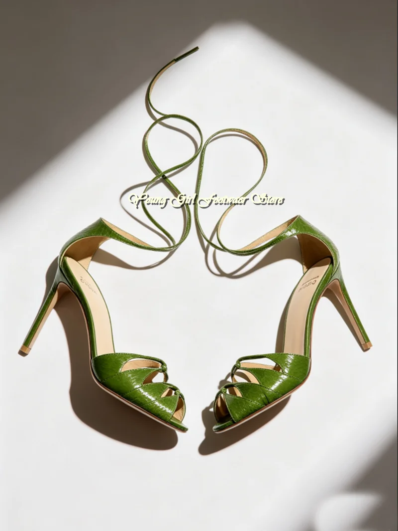 Green Round Head Open Toes Thin Strap Combination Luxury Women's Shoes Instep Hollow Out Ankle Cross Straps Banquet Shoes