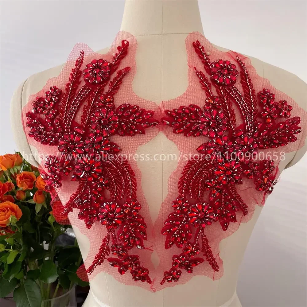 1Pair New Color Hand-sewn Glass Drill Mirror Flowers Sparkling Rhinestone Coats Waistbands Shoulders Wedding Dress DIY Patch