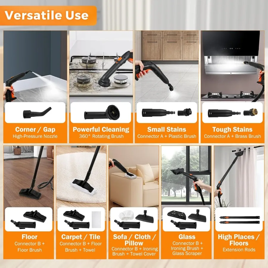 High Pressure Electric Steam Cleaner with Rolling Design for Multi-Purpose Home Use Including Carpet Upholstery Floor and Car D