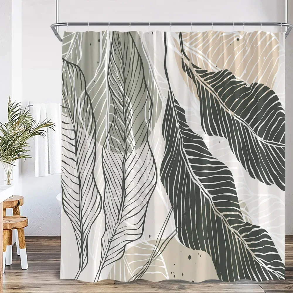 Minimalist Abstract Line Banana Leaf Shower Curtain Neutral Beige Dark Green Tropical Plant Line Art Waterproof Fabric Bathroom