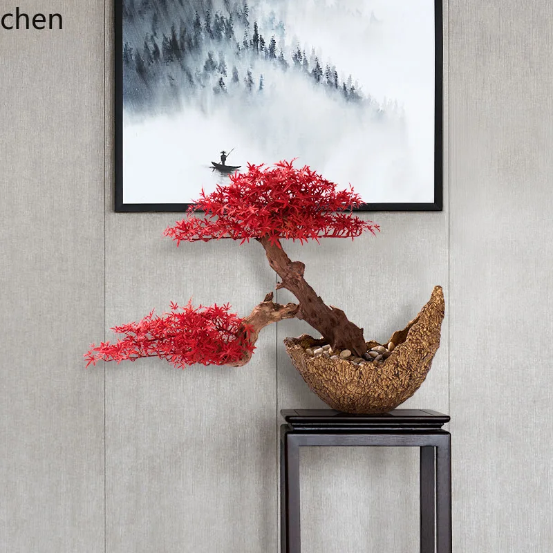 YFY Artificial Welcoming Pine Red Maple Leaf Tree Bonsai Hotel Aisle Corridor Entrance  New Chinese Style Plant Potted Ornament