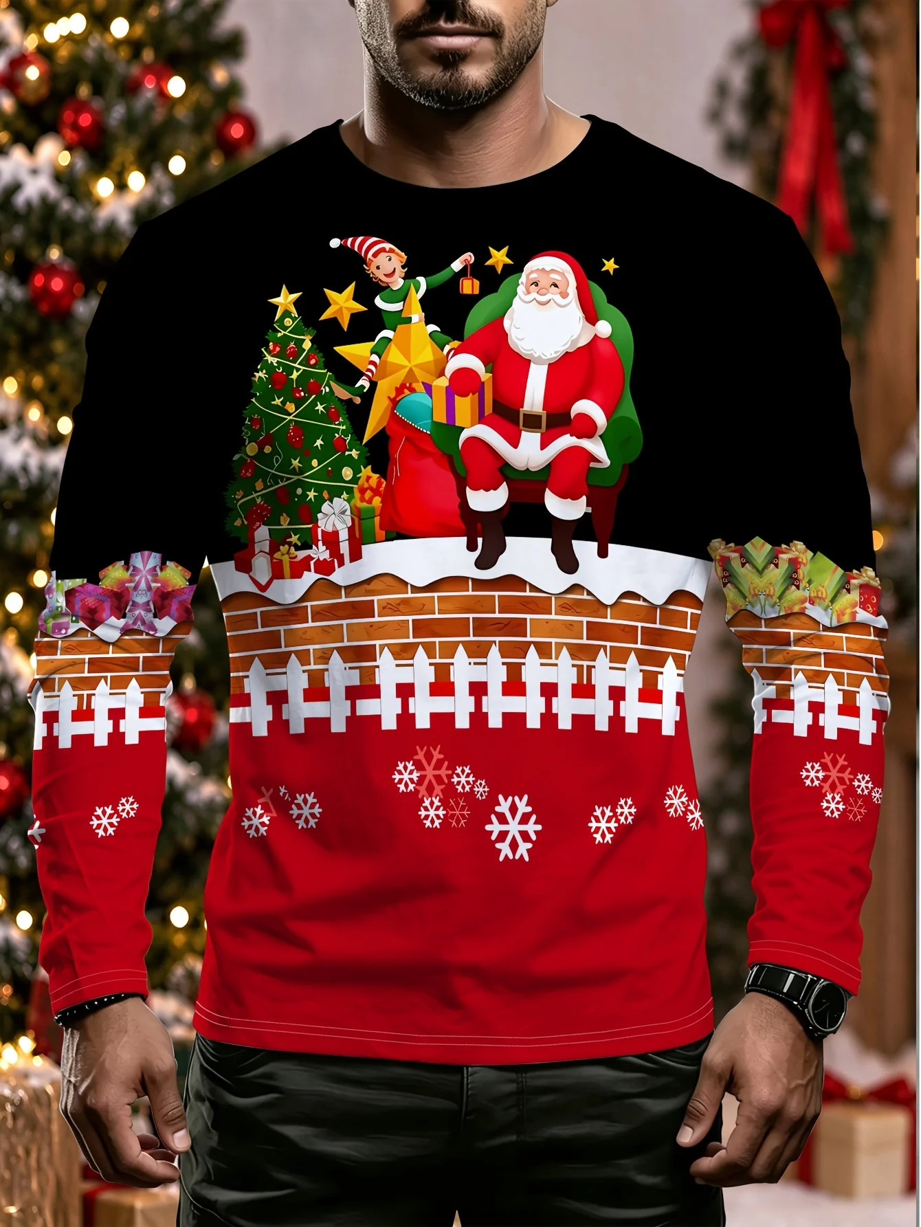 Men Long Sleeve Tshirt Santa Elf Christmas Tree Gift Snowflake 3D Print Holiday Party Casual Tops New Year Gifts Men's Clothing