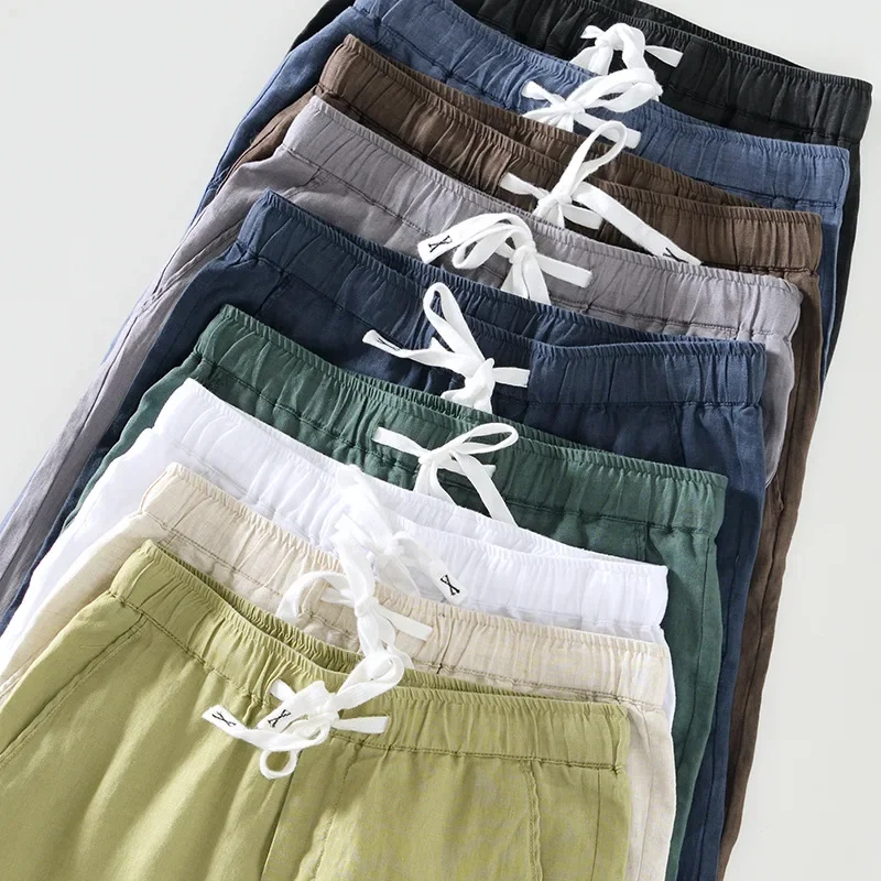 Pantalones de lino 100% para hombre, ropa informal Simple de gran tamaño, Color puro, primavera y verano, B8236