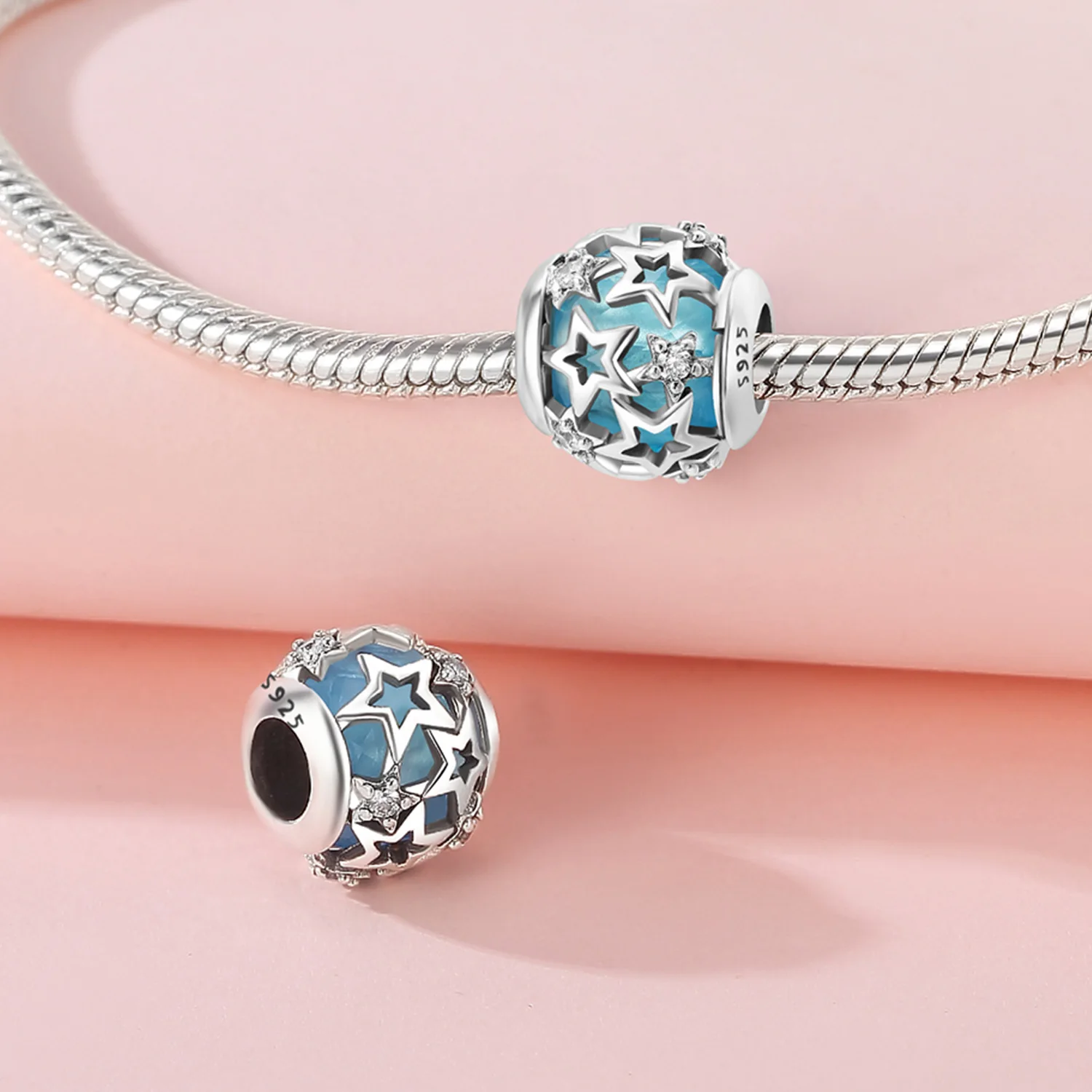 الخرز 925 فضة سحر الأصلي الأزرق نجوم القمر الشمس الخرز صالح سوار مجوهرات Diy بها بنفسك النساء غرامة هدية الإكسسوار #2