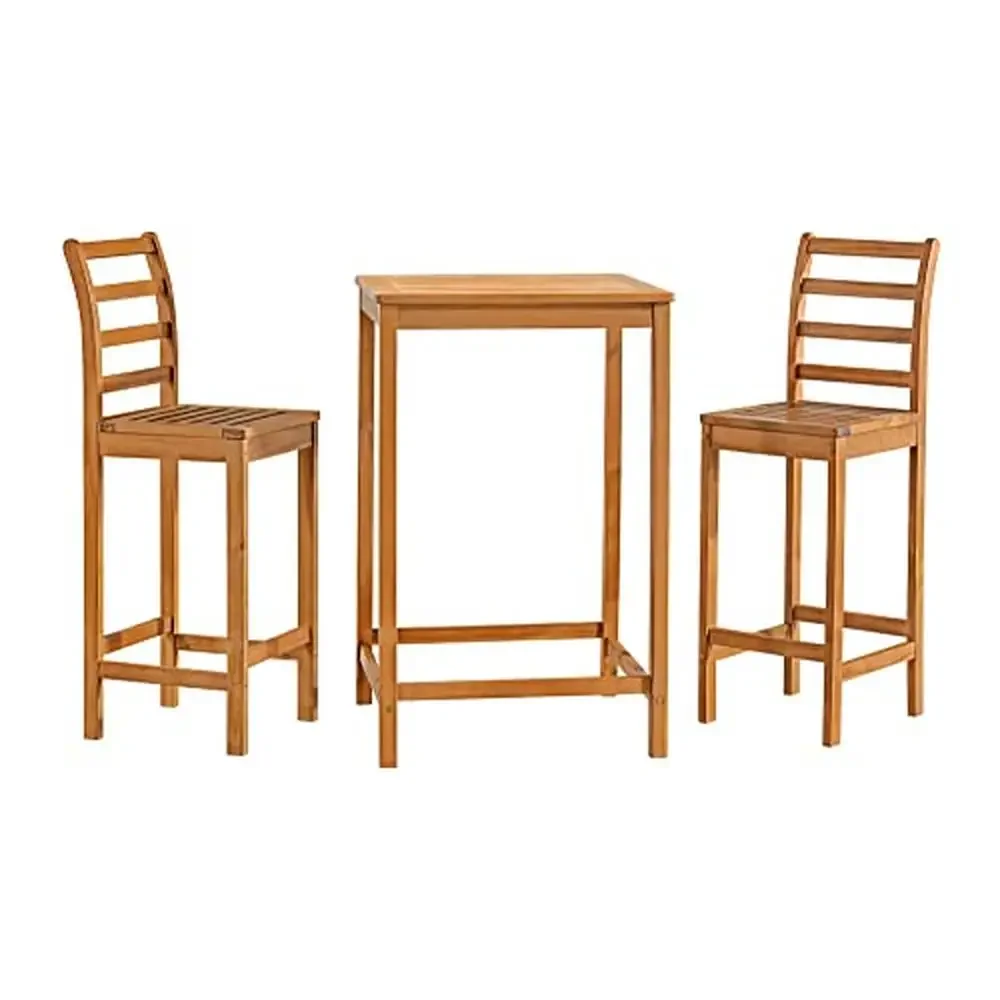 Conjunto de bistrô de altura de barra de madeira de acácia de 3 peças, móveis de pátio ao ar livre com cadeiras ergonômicas, mesa de 28 "x 28" à prova de intempéries, madeira maciça