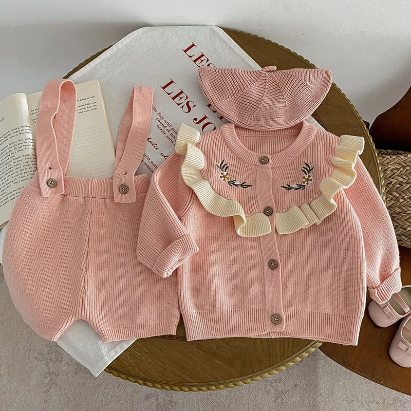 2024 New Autumn Children Long Sleeved Knitted Cardigan+Jumpsuit Newborn Baby Girls Clothing Set Toddler Baby Girl Clothes Suit