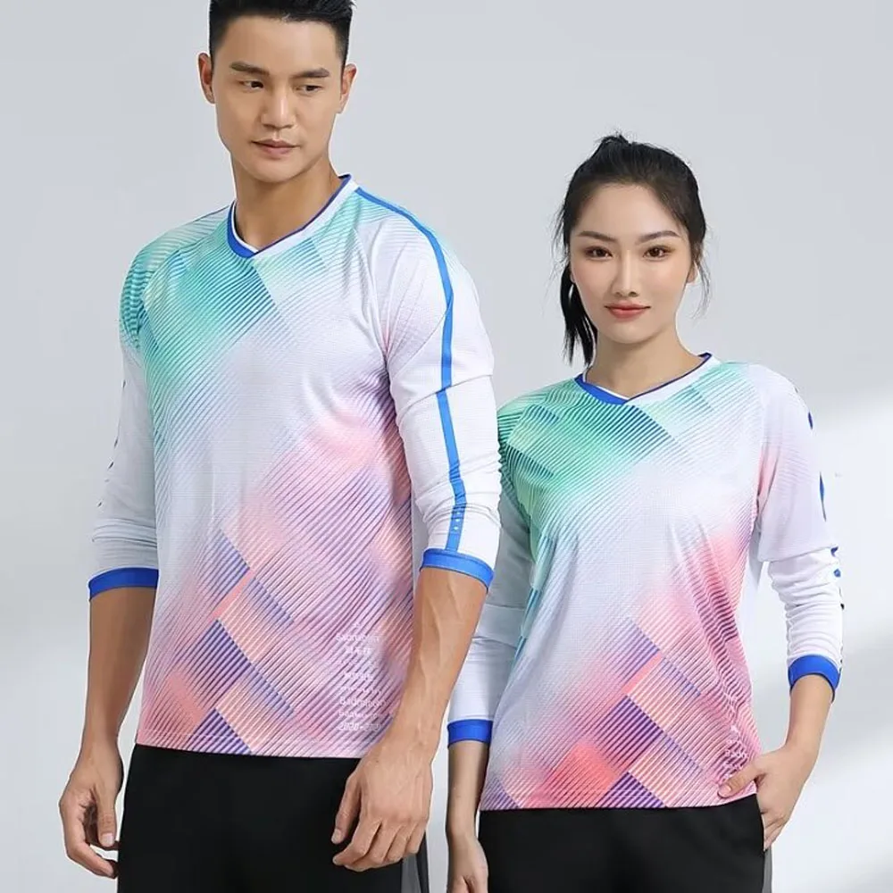 

Badminton T-shirt for Men Women Kids 2023 Autumn Winter Quick Dry Print Couple V-neck Long Sleeve Tennis Ping Pong Uniform Top
