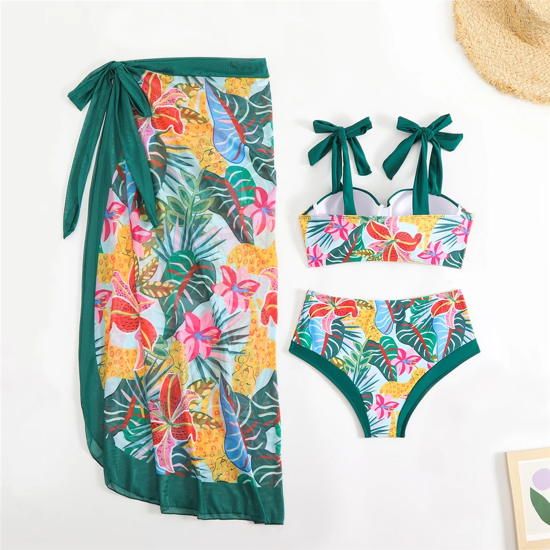 Neuer, bedruckter Badeanzug mit Sarong, hochtaillierter Bikini, dreiteiliges Bikini-Set, Damen-Badebekleidung, Badeanzug, Badebekleidung, Schwimmbekleidung V6349 – Detail 9