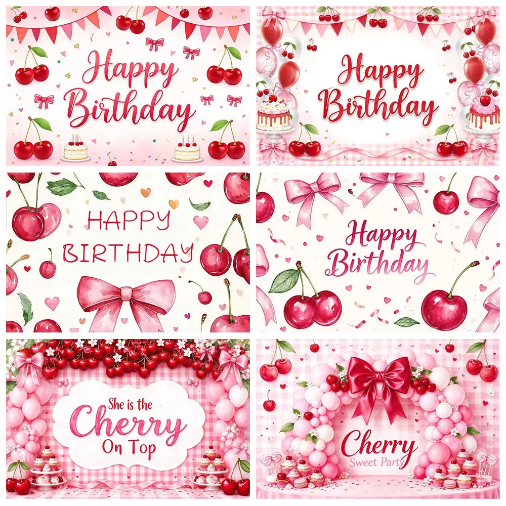 Pink Cherry Happy Birthday Backdrop Cherries Butterfly Bow Sweetheart Girl Cake Party Baby Shower Photography Background Decor