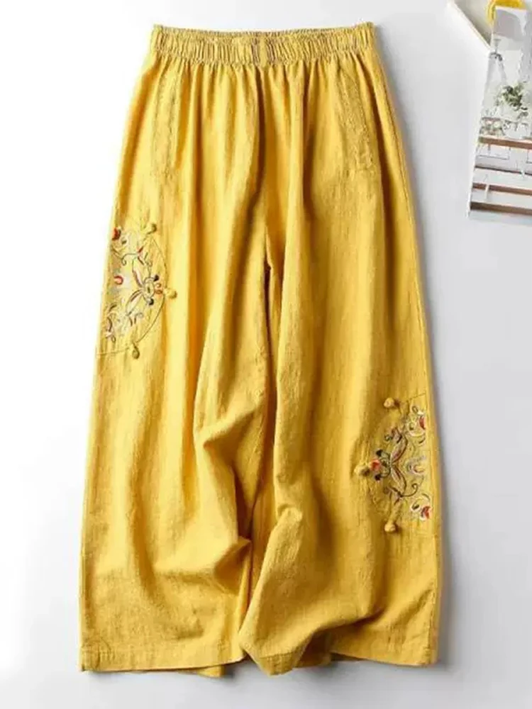 Baumwolle Gemischt Weibliche Hose 2024 Damen Beiläufige Gerade Hosen Blume Stickerei Lose Breite Bein Hosen für Frauen Pantalon Femme