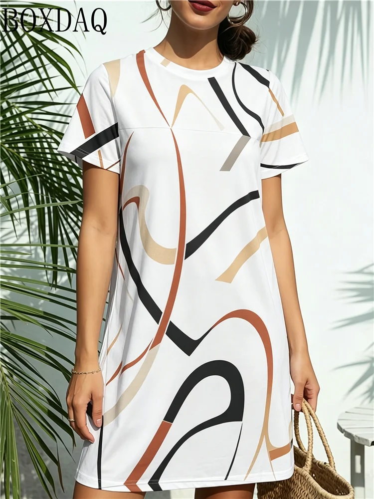 Women's new line abstract printed short sleeved round neck loose dress 2026 summer fashion casual Harajuku women's party outfit