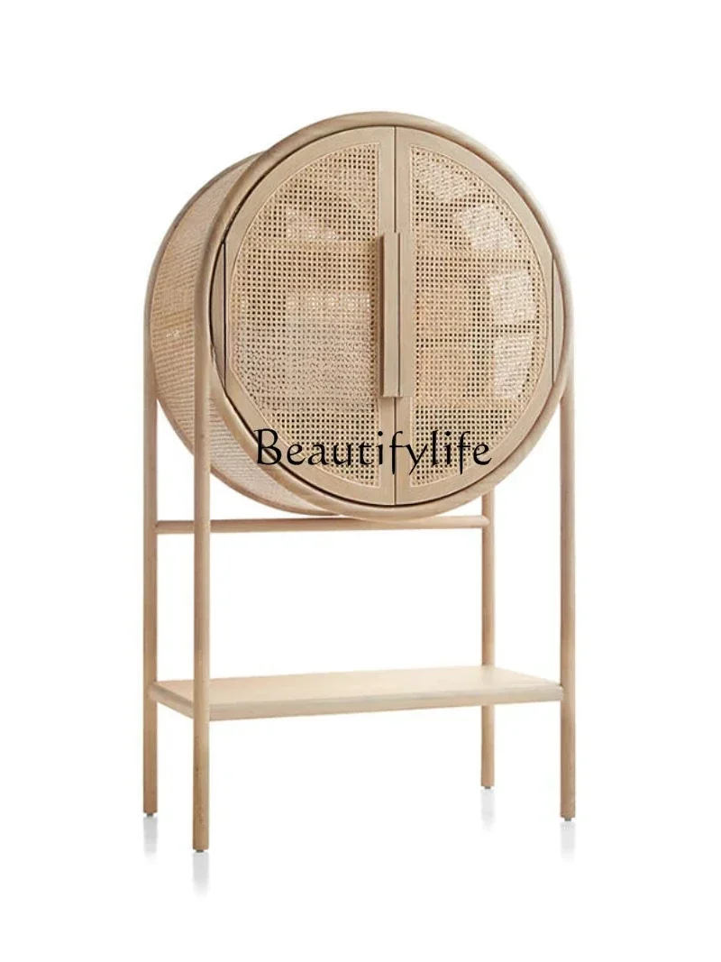 Q S New Chinese Style Solid Wood Rattan Woven Curio Cabinet Hotel Designer B & B Wardrobe Landscape Cabinet High Cabinet Complet