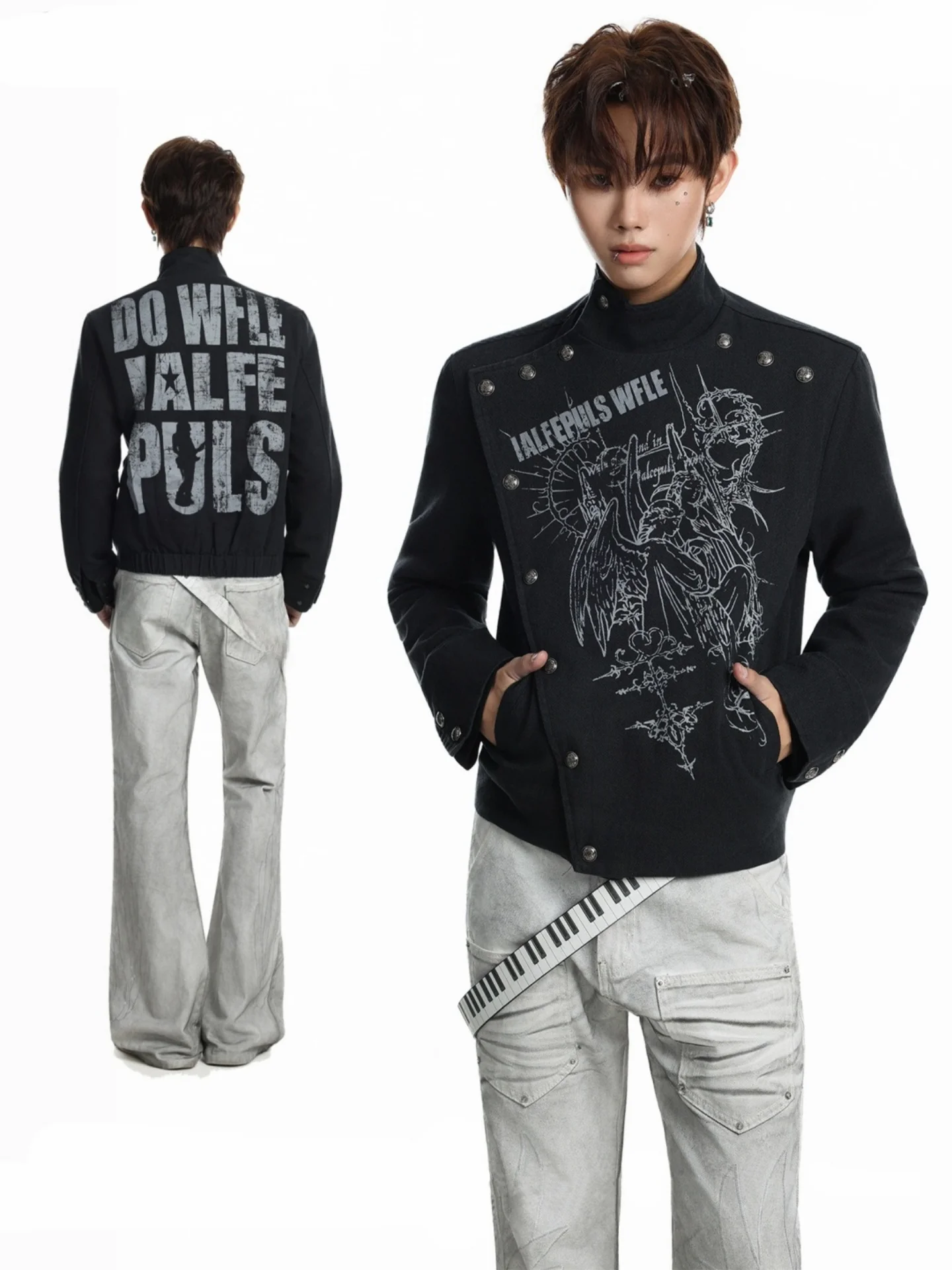 Y2K American Dark Angel Print Stand Collar Padded Shoulder Jacket Men's Diagonal Buttoning Proper Shoulder Fit Cool High Stre...