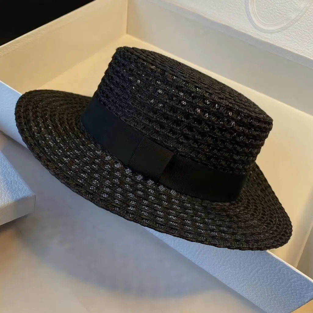 Hollow-Out Flat-Top Hat for Women, Sunshade and Sun Protection Woven Straw Hat British Retro  Hat